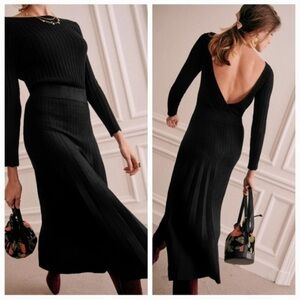 Sezane Flavie Sweater Dress Medium Black Fancy Knit Pleated Skirt Midi Classic